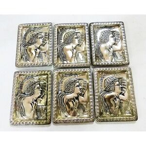 Vintage small embossed plate silver straw hat woman face japan set of 6